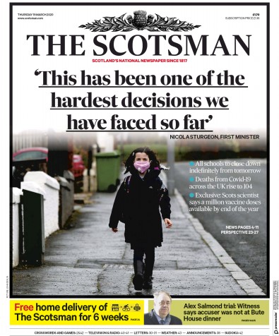 The Scotsman Newspaper Front Page (UK) for 19 March 2020