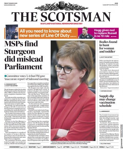 The Scotsman Newspaper Front Page (UK) for 19 March 2021