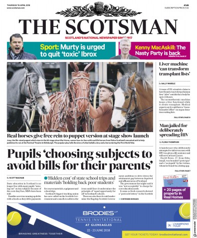 The Scotsman Newspaper Front Page (UK) for 19 April 2018