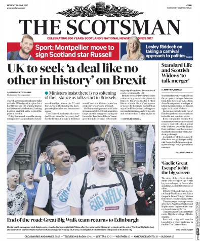 The Scotsman Newspaper Front Page (UK) for 19 June 2017