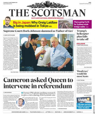 The Scotsman Newspaper Front Page (UK) for 19 September 2019