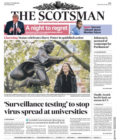 The Scotsman Newspaper Front Page (UK) for 1 October 2020