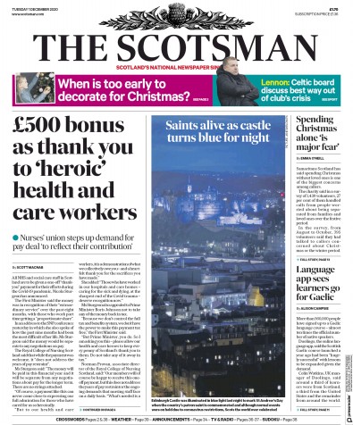 The Scotsman Newspaper Front Page (UK) for 1 December 2020