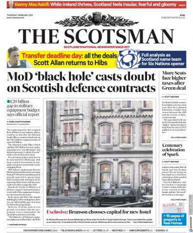 The Scotsman Newspaper Front Page (UK) for 1 February 2018
