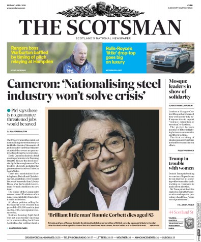 The Scotsman Newspaper Front Page (UK) for 1 April 2016