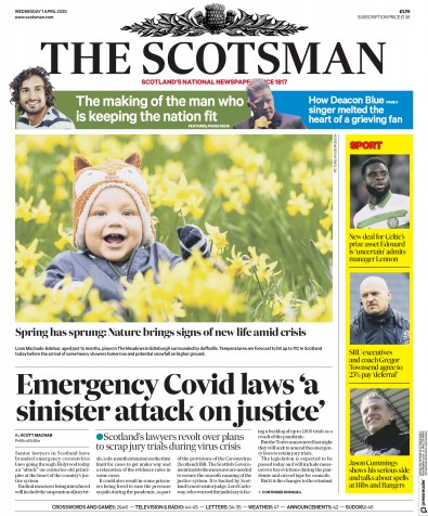 The Scotsman Newspaper Front Page (UK) for 1 April 2020