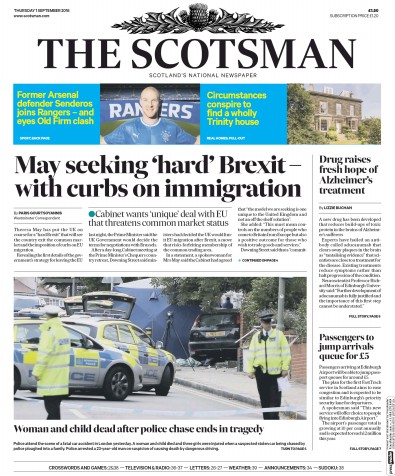 The Scotsman Newspaper Front Page (UK) for 1 September 2016