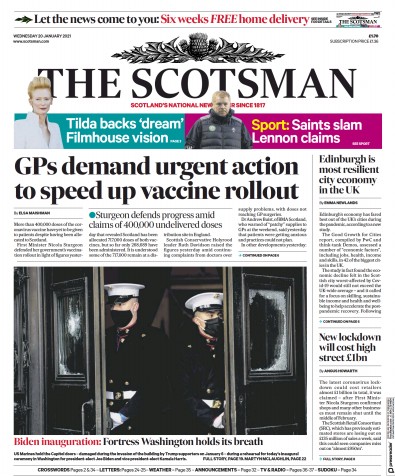 The Scotsman Newspaper Front Page (UK) for 20 January 2021