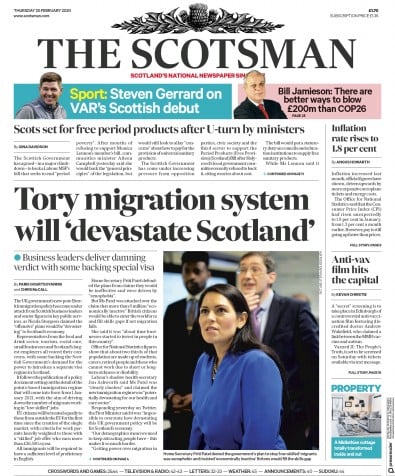The Scotsman Newspaper Front Page (UK) for 20 February 2020