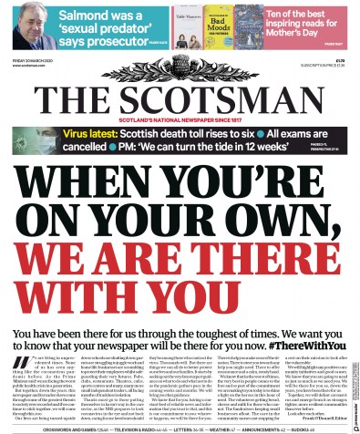 The Scotsman Newspaper Front Page (UK) for 20 March 2020