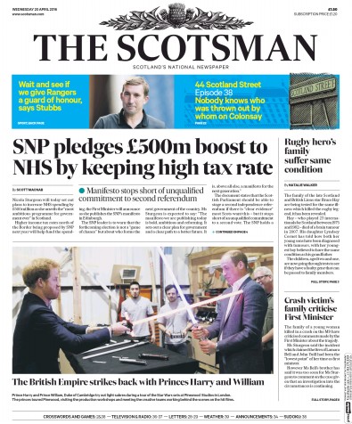 The Scotsman Newspaper Front Page (UK) for 20 April 2016