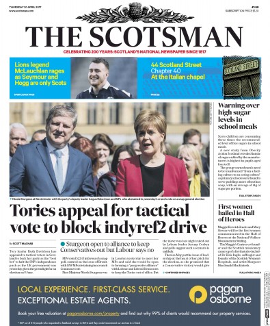 The Scotsman Newspaper Front Page (UK) for 20 April 2017