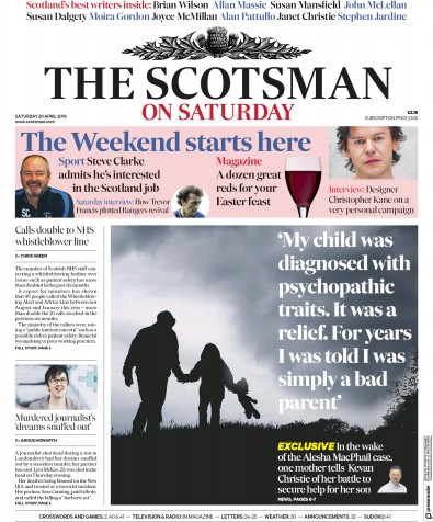 The Scotsman Newspaper Front Page (UK) for 20 April 2019