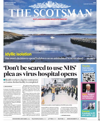 The Scotsman Newspaper Front Page (UK) for 20 April 2020