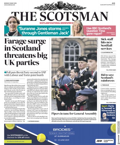 The Scotsman Newspaper Front Page (UK) for 20 May 2019