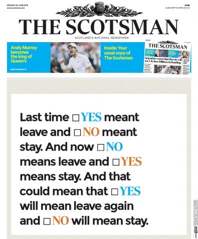 The Scotsman Newspaper Front Page (UK) for 20 June 2016