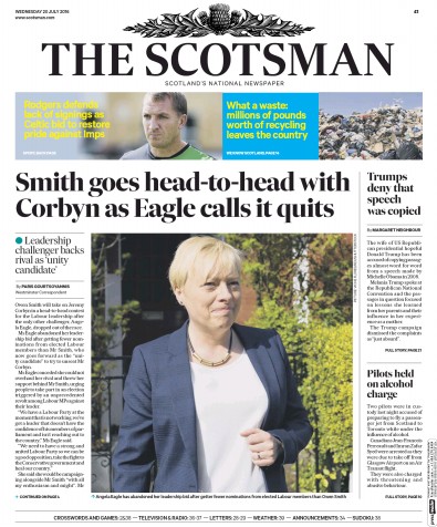 The Scotsman Newspaper Front Page (UK) for 20 July 2016