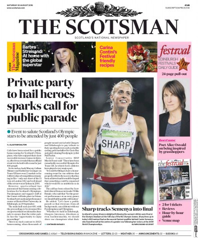 The Scotsman Newspaper Front Page (UK) for 20 August 2016
