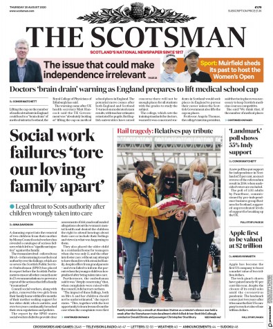 The Scotsman Newspaper Front Page (UK) for 20 August 2020
