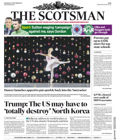 The Scotsman Newspaper Front Page (UK) for 20 September 2017