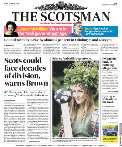 The Scotsman Newspaper Front Page (UK) for 21 February 2020