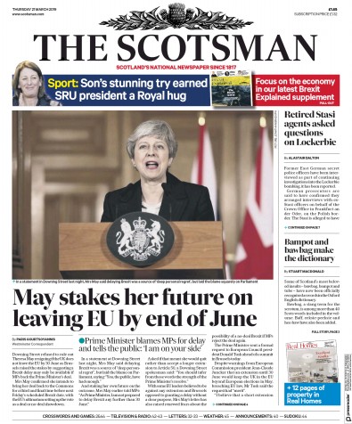 The Scotsman Newspaper Front Page (UK) for 21 March 2019