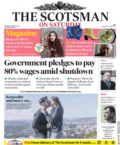 The Scotsman Newspaper Front Page (UK) for 21 March 2020