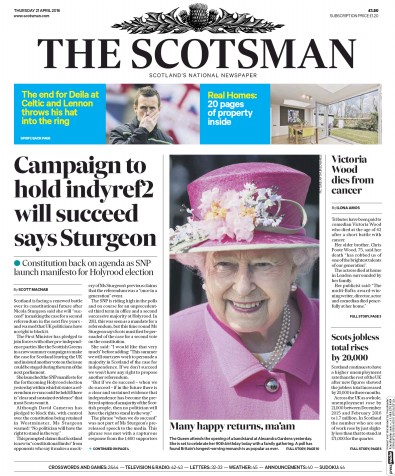 The Scotsman Newspaper Front Page (UK) for 21 April 2016