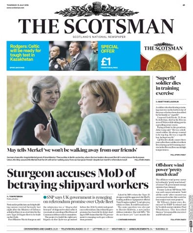 The Scotsman Newspaper Front Page (UK) for 21 July 2016