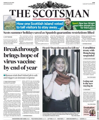 The Scotsman Newspaper Front Page (UK) for 21 July 2020