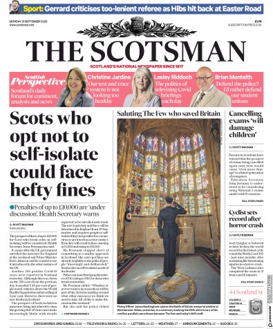 The Scotsman Newspaper Front Page (UK) for 21 September 2020