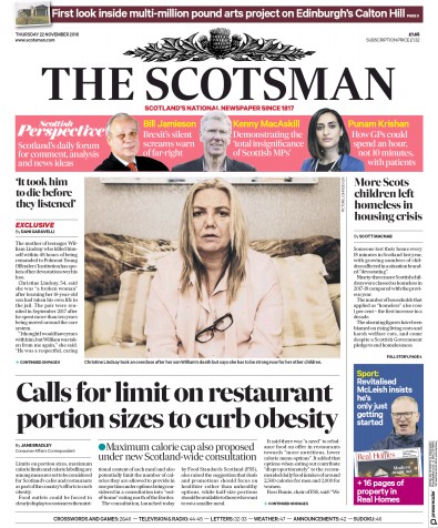 The Scotsman Newspaper Front Page (UK) for 22 November 2018