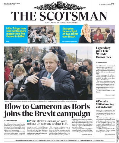 The Scotsman Newspaper Front Page (UK) for 22 February 2016