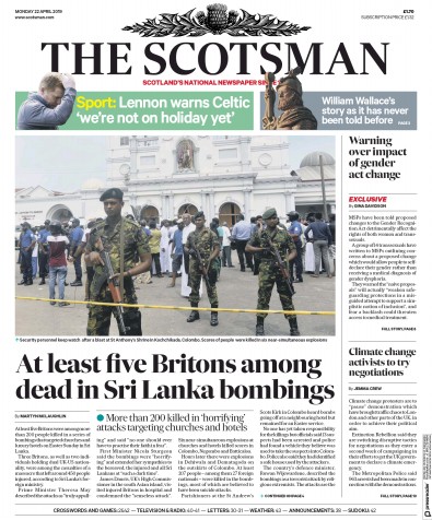 The Scotsman Newspaper Front Page (UK) for 22 April 2019