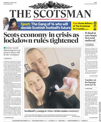 The Scotsman Newspaper Front Page (UK) for 22 April 2020