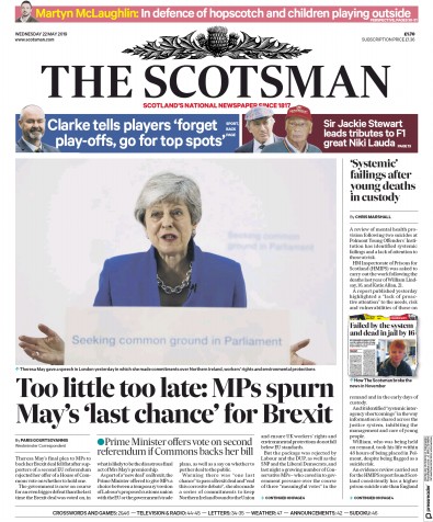 The Scotsman Newspaper Front Page (UK) for 22 May 2019