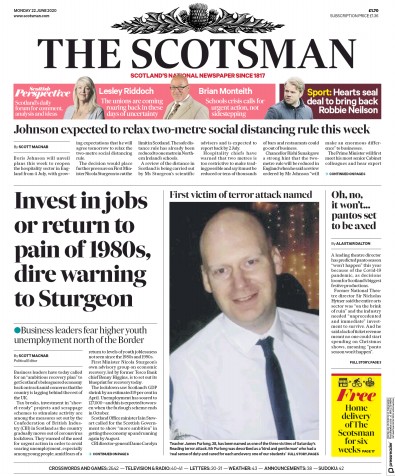 The Scotsman Newspaper Front Page (UK) for 22 June 2020