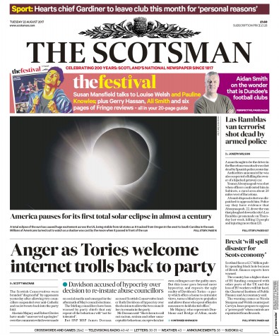 The Scotsman Newspaper Front Page (UK) for 22 August 2017