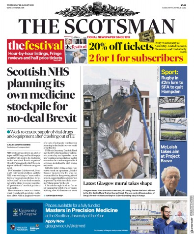 The Scotsman Newspaper Front Page (UK) for 22 August 2018