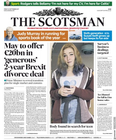 The Scotsman Newspaper Front Page (UK) for 22 September 2017