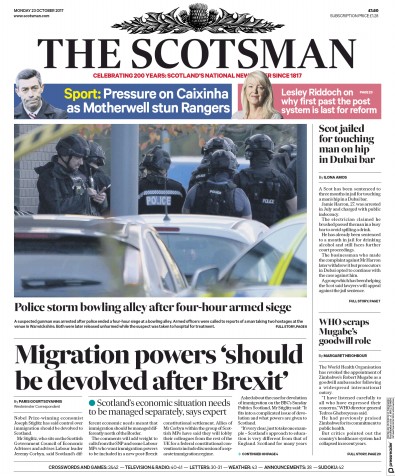 The Scotsman Newspaper Front Page (UK) for 23 October 2017