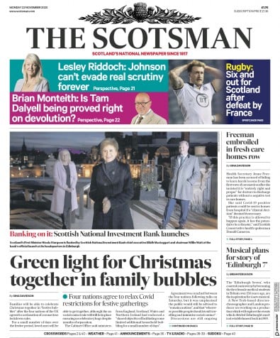 The Scotsman Newspaper Front Page (UK) for 23 November 2020