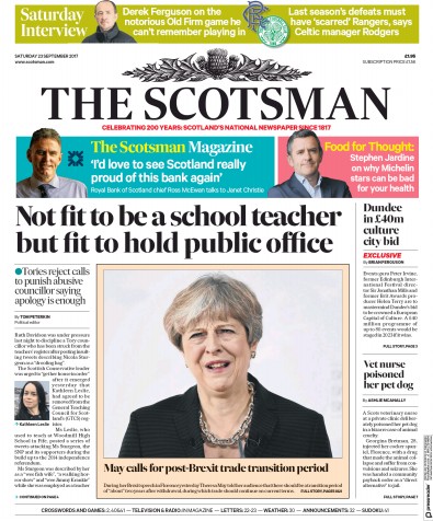 The Scotsman Newspaper Front Page (UK) for 23 September 2017