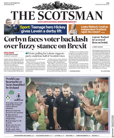 The Scotsman Newspaper Front Page (UK) for 23 September 2019