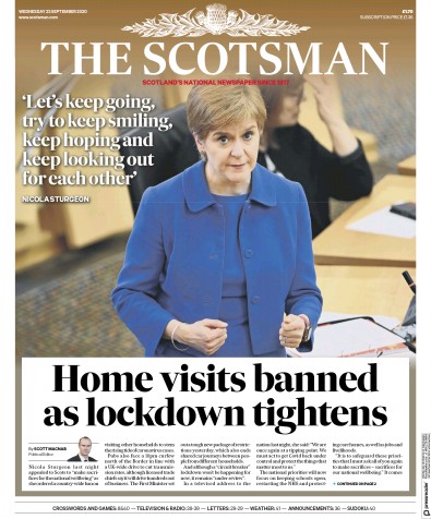 The Scotsman Newspaper Front Page (UK) for 23 September 2020