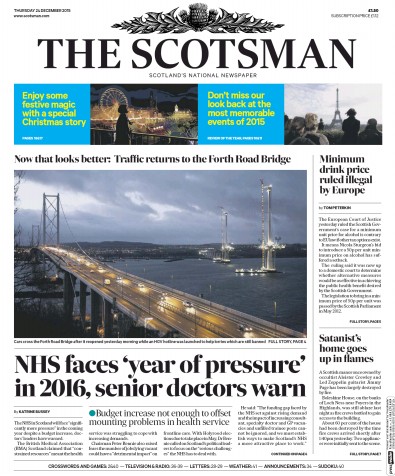 The Scotsman Newspaper Front Page (UK) for 24 December 2015