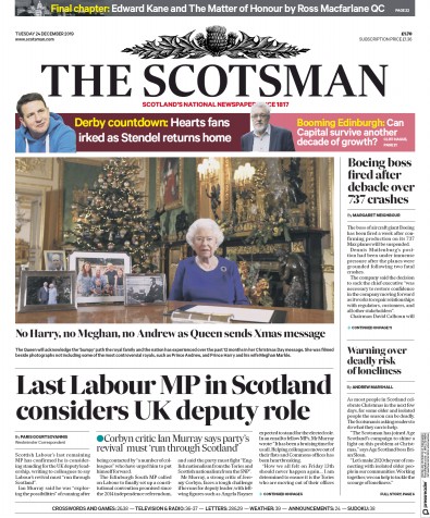 The Scotsman Newspaper Front Page (UK) for 24 December 2019