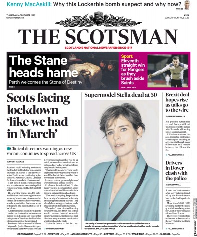 The Scotsman Newspaper Front Page (UK) for 24 December 2020
