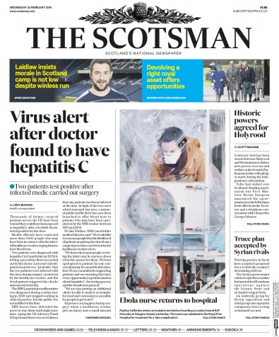 The Scotsman Newspaper Front Page (UK) for 24 February 2016