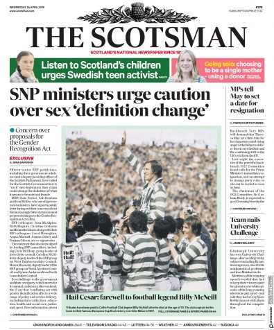The Scotsman Newspaper Front Page (UK) for 24 April 2019